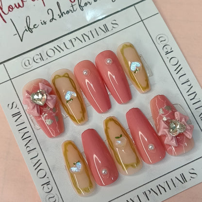 🎀 Bow Pink Fake Nails | Presson Nails | Artifical Nails – The Perfect Blend of Cute & Classy! 🎀