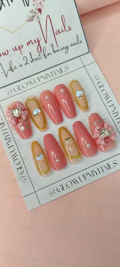 🎀 Bow Pink Fake Nails | Presson Nails | Artifical Nails – The Perfect Blend of Cute & Classy! 🎀
